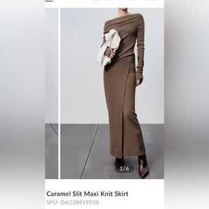 Commense Set Caramel Slit Maxi Knit Skirt plus Asymmetric Neckline top